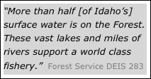 “More than half [of Idaho’s] surface water is on the Forest. These vast lakes and miles of rivers support a world class fishery.”  Forest Service DEIS 283


